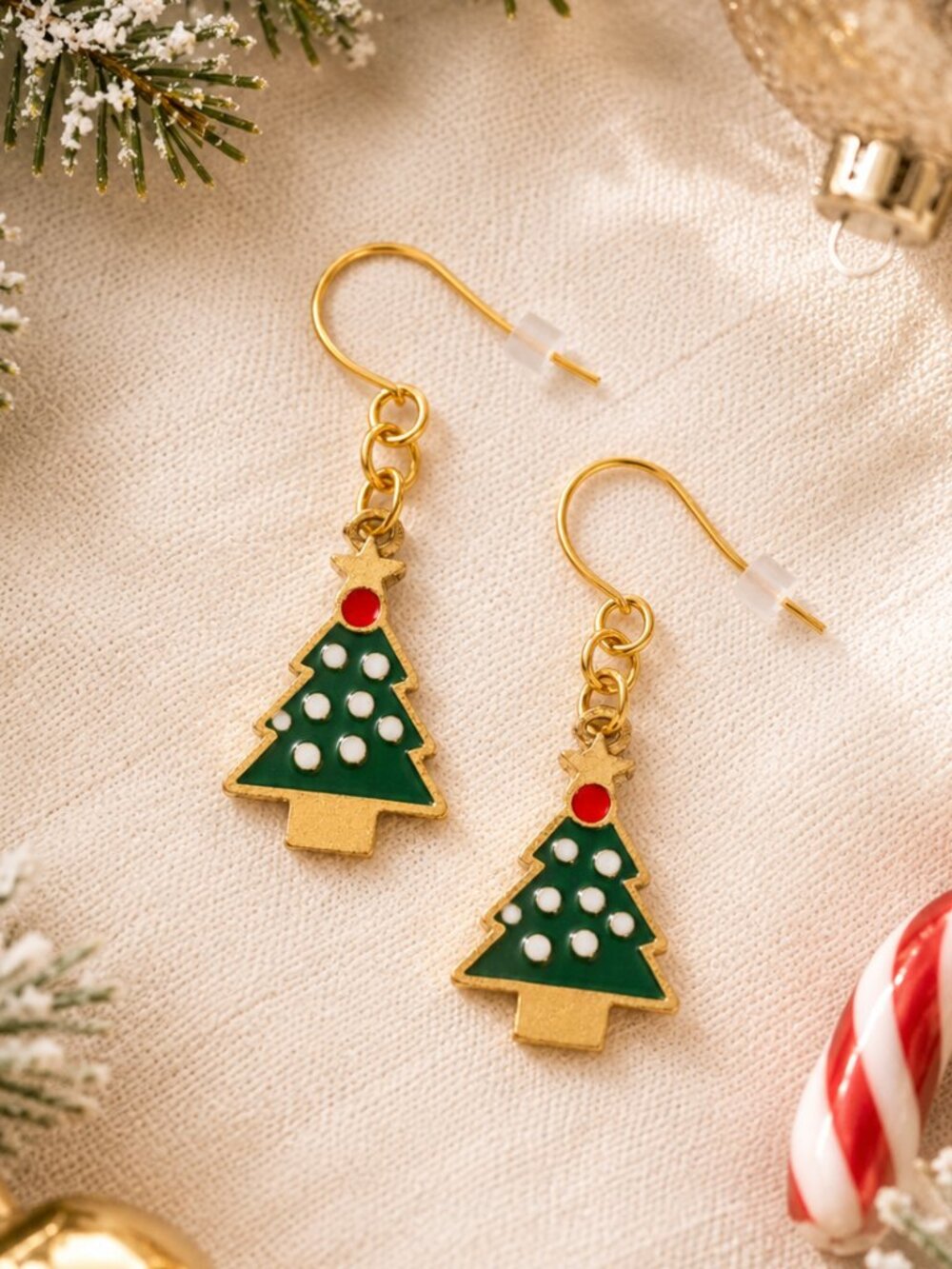Enamel Christmas Tree Dangle Earrings Green Gold Snow Dot Holiday Festive